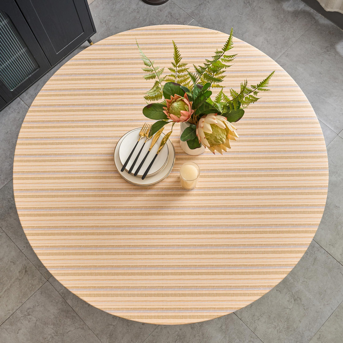 Pioggia Round Vinyl Fitted Tablecloth with Flannel Backing Elastic Table Cloth Waterproof Oil-Proof Plastic Table Cover Best for 37"-44" Round