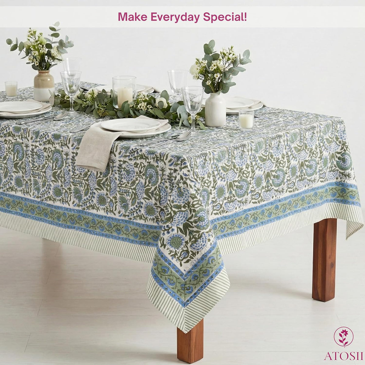 ATOSII Cotton Blockprint Rectangle Table Cloth, Clover Blue, 108" X 60"