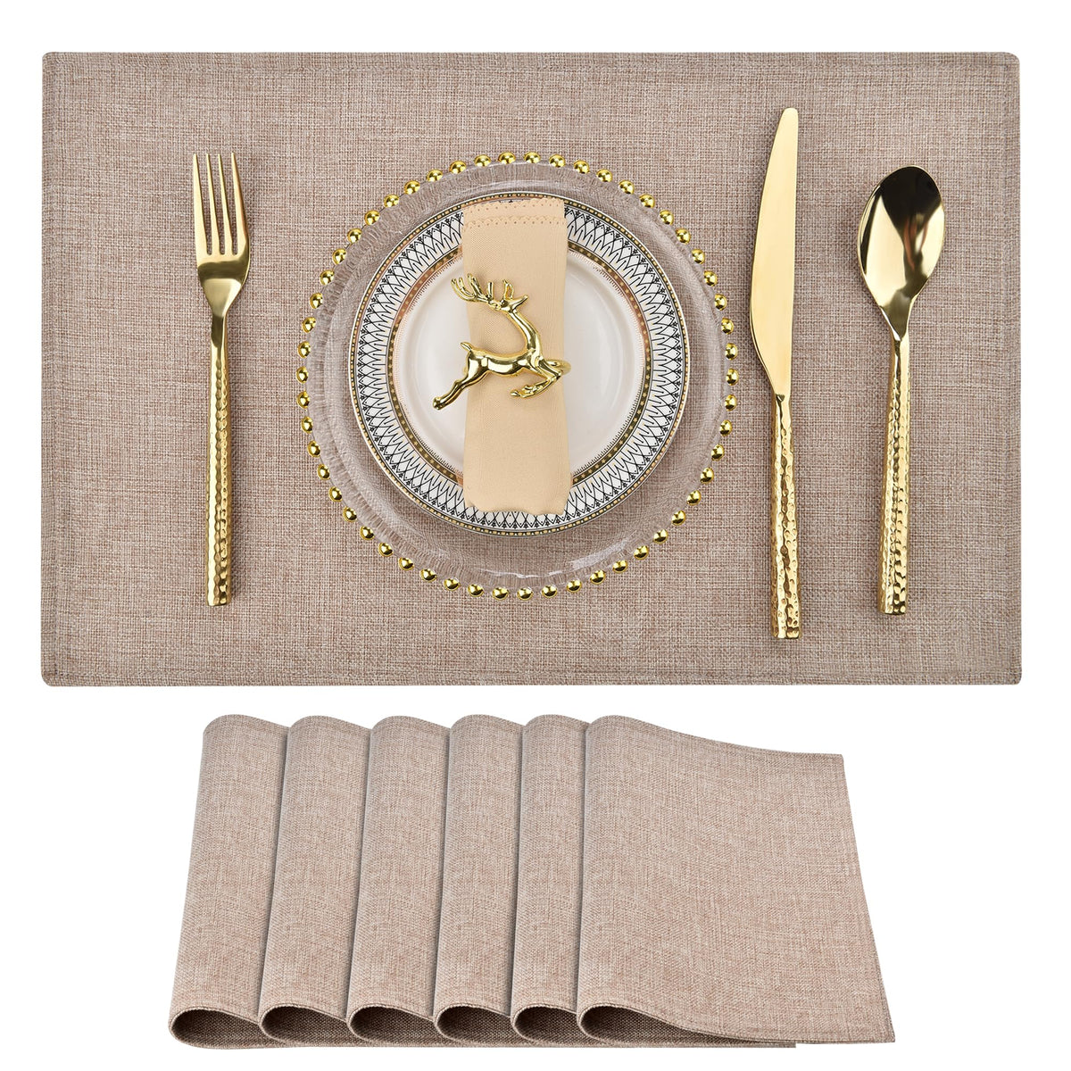 SLKQG Beige Faux Cotton Linen Placemats Set of 6, Heat Resistant Washable Double Layer Cloth Place Mats for Dining Table, Wrinkle Resistant Linen Textured Farmhouse Kitchen Decor（6，Beige）