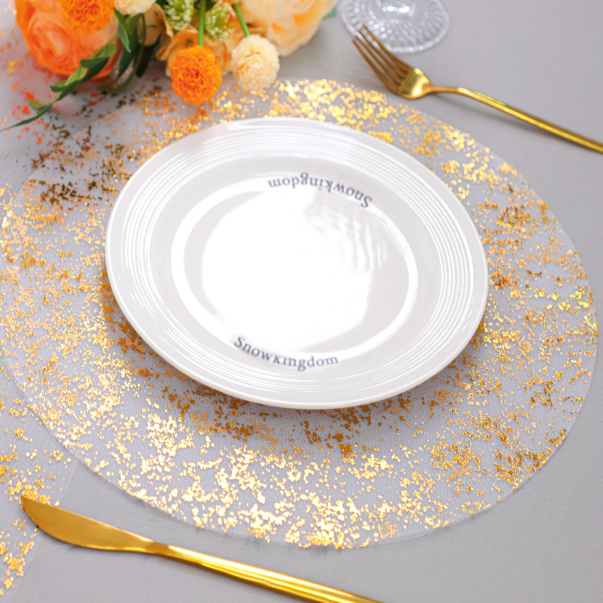 Snowkingdom Gold Placemats Set of 24 Round 13 Inch Foil Mesh Pressed Fall Disposable Table Mates 24 Pack Gold Doilies for Dining Table Wedding Birthday Party Holiday Home Decoration