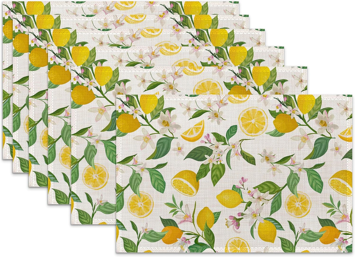 Lemon Placemats for Dining Table Set of 6,Summer Flower Leaves Place Mats for Home Party Kitchen Indoor Holiday Rustic Washable Heat Resistant Table Mats 12 x 18 Inch