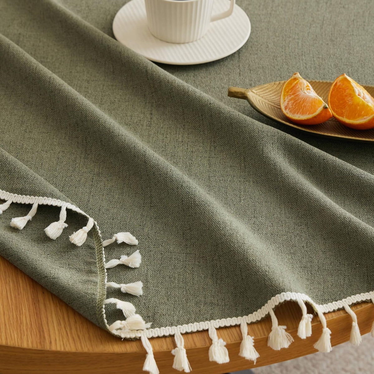 Tassel Linen Round Table Cloth, Olive 60 Inch