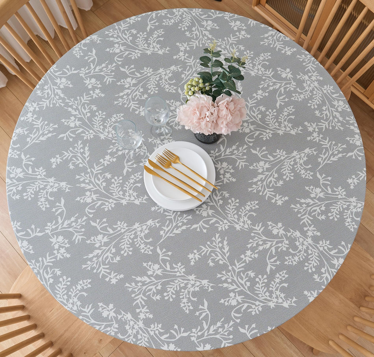 Pioggia Round Vinyl Fitted Tablecloth with Flannel Backing Elastic Table Cloth Waterproof Oil-Proof Plastic Table Cover Best for 37"-44" Round