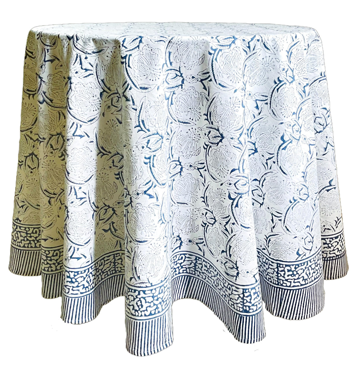 ATOSII Cotton Blockprint Rectangle Table Cloth, Clover Blue, 108" X 60"