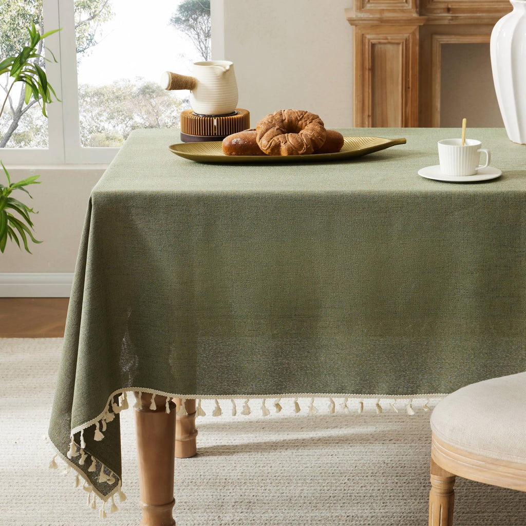 Tassel Linen Round Table Cloth, Olive 60 Inch