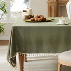 Tassel Linen Round Table Cloth, Olive 60 Inch
