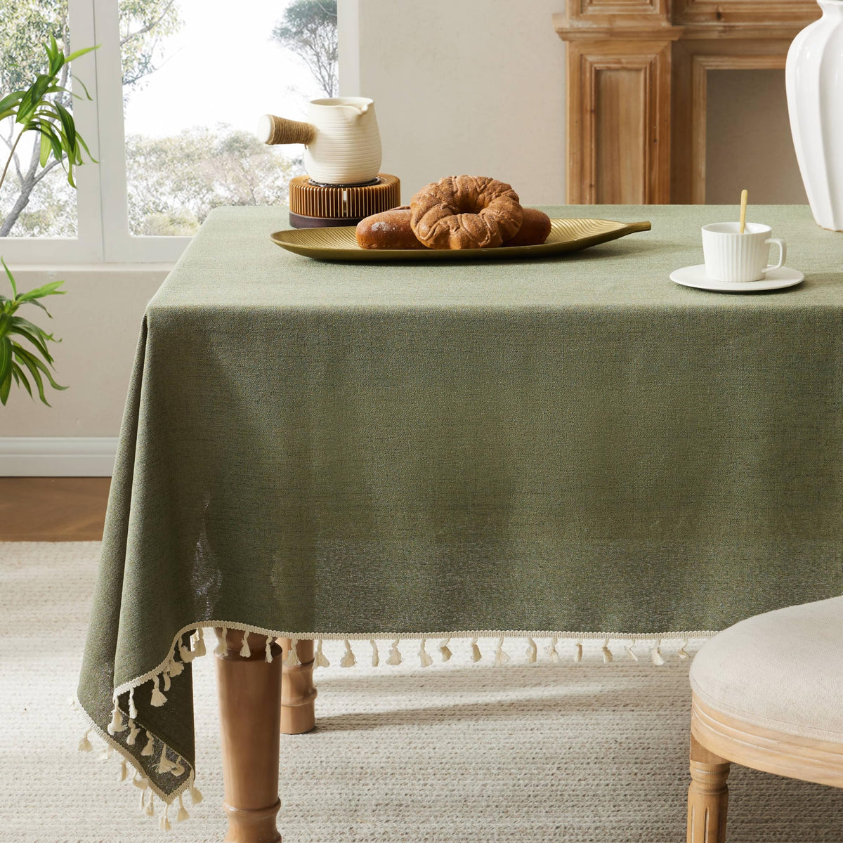 Tassel Linen Round Table Cloth, Olive 60 Inch