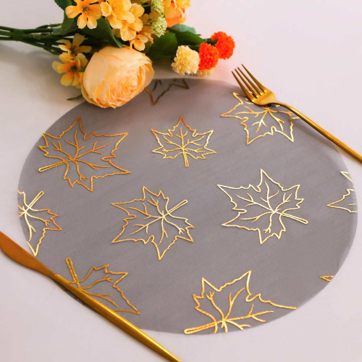 Snowkingdom Gold Placemats Set of 24 Round 13 Inch Foil Mesh Pressed Fall Disposable Table Mates 24 Pack Gold Doilies for Dining Table Wedding Birthday Party Holiday Home Decoration
