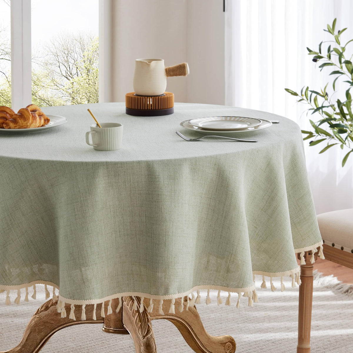 Tassel Linen Round Table Cloth, Olive 60 Inch