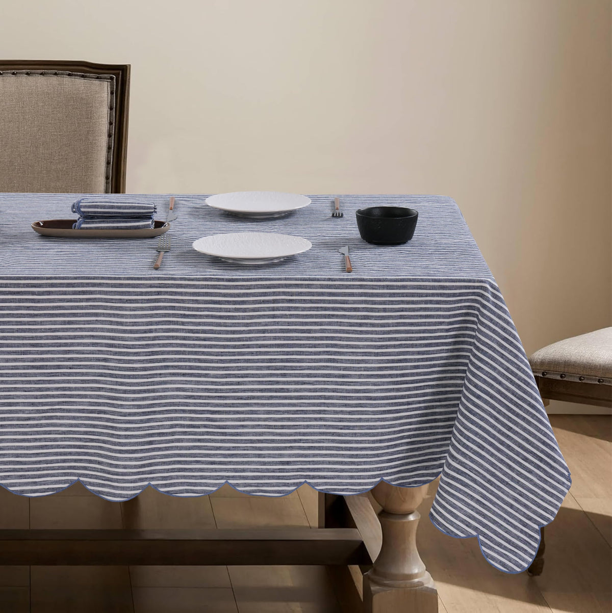 100% French Flax Linen Scalloped Embroidery Rectangle Tablecloths 120Lx60W Inch for Dinners, Parties, Spring, Machine Washable, 10-12 Sets, 60''x120'', Linen(Edges-Gold)