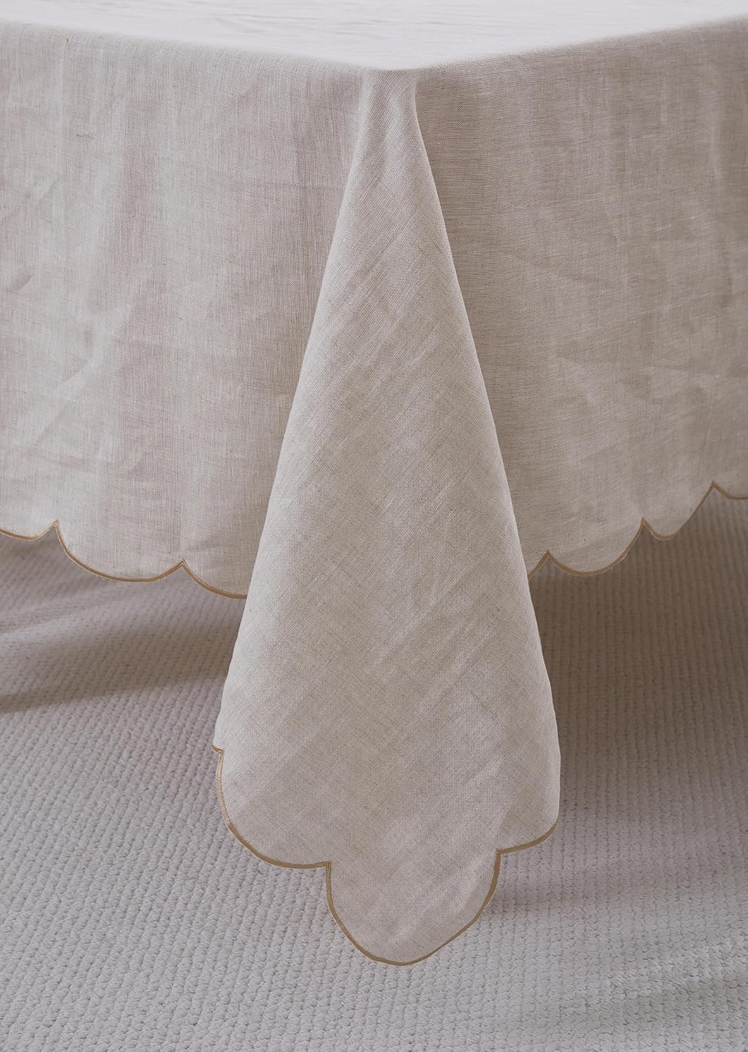 100% French Flax Linen Scalloped Embroidery Rectangle Tablecloths 120Lx60W Inch for Dinners, Parties, Spring, Machine Washable, 10-12 Sets, 60''x120'', Linen(Edges-Gold)