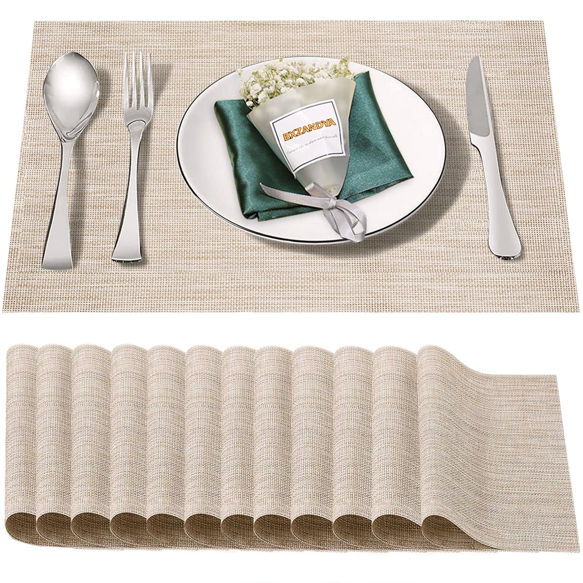 Beige Vinyl Placemats Set of 6,Washable Dining PVC Table Mats