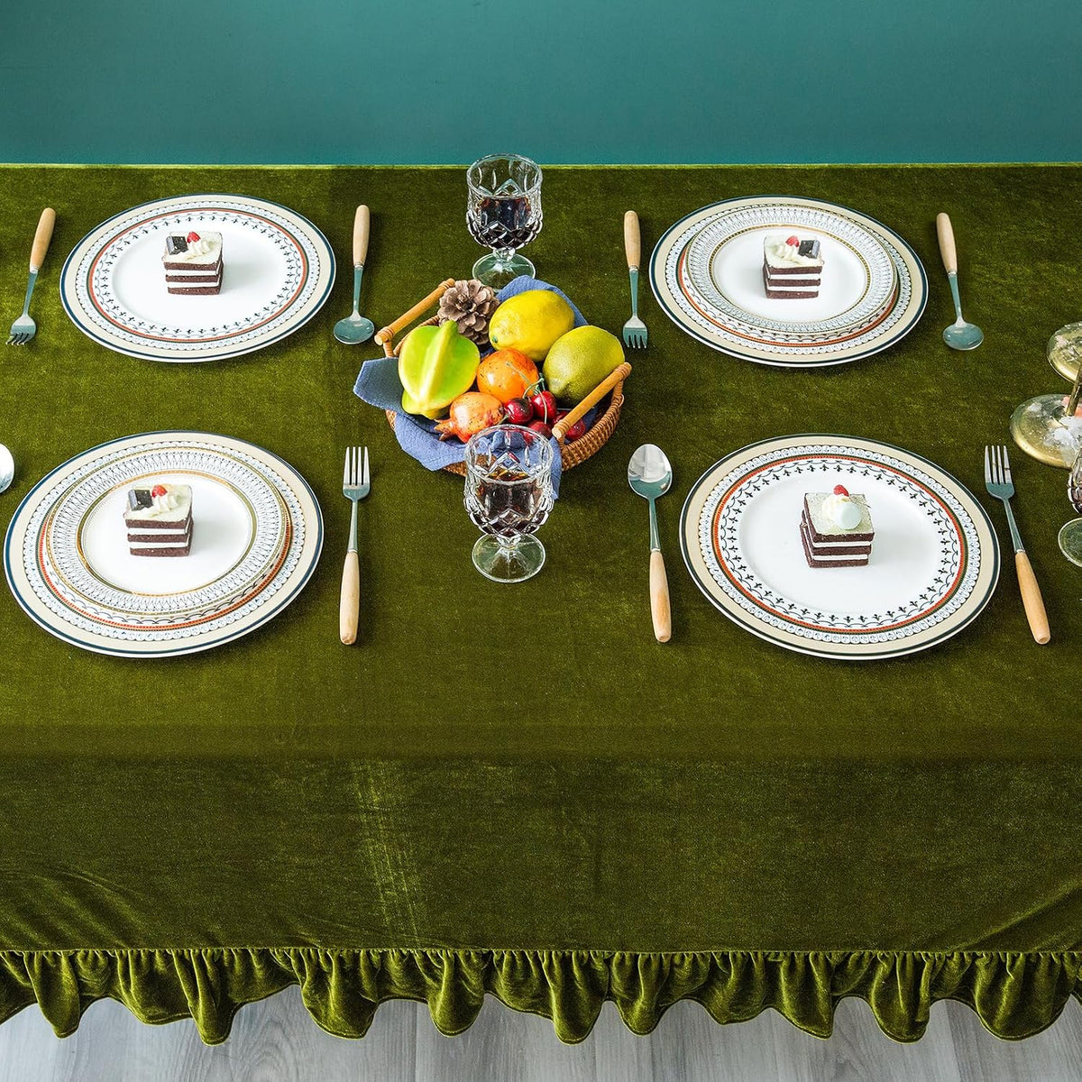 GLORY SEASON Velvet Tablecloth Luxurious Solid Rectangle Table Cloth,Oblong Retro Farmhouse Ruffle Tablecloths Washable Table Cover for Party Olive Green,52x70 Inches