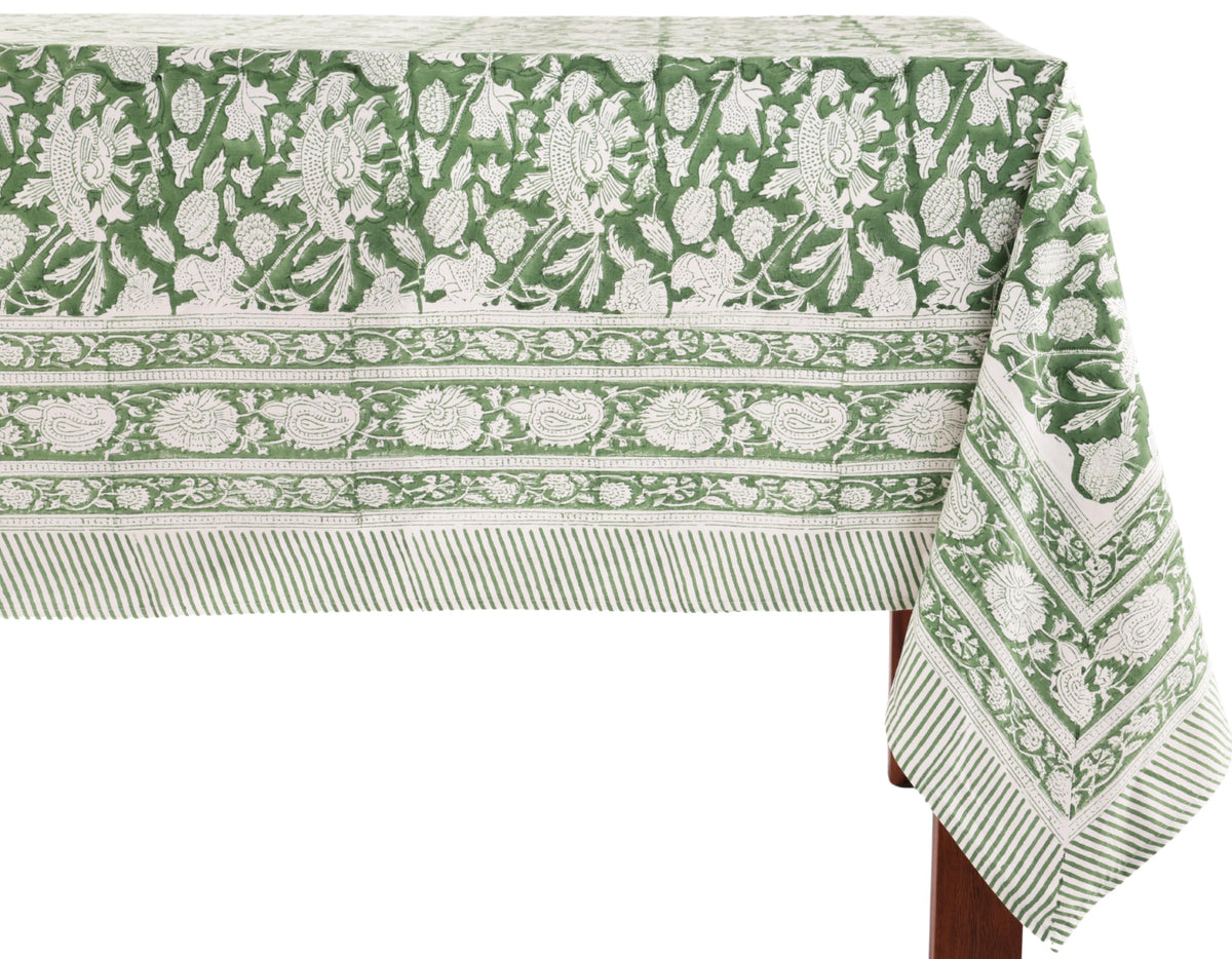 ATOSII Cotton Blockprint Rectangle Table Cloth, Clover Blue, 108" X 60"