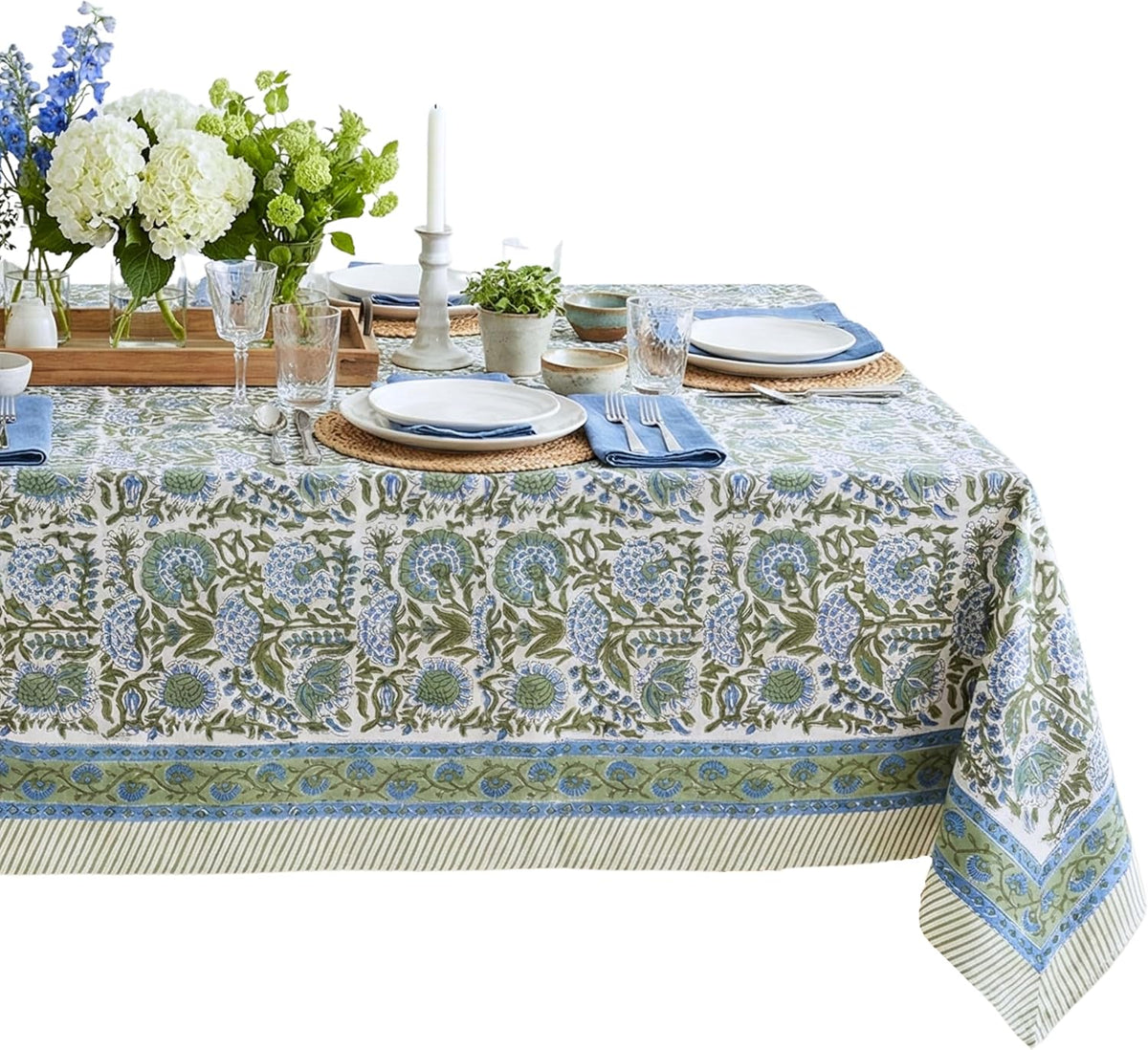ATOSII Cotton Blockprint Rectangle Table Cloth, Clover Blue, 108" X 60"