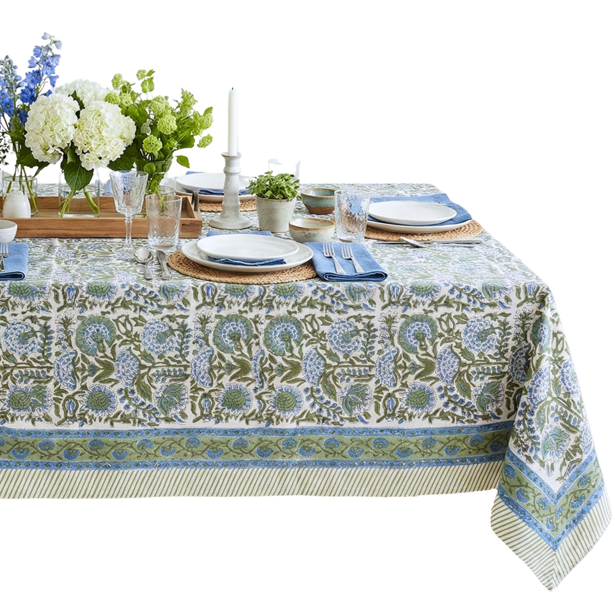 ATOSII Cotton Blockprint Rectangle Table Cloth, Clover Blue, 108" X 60"