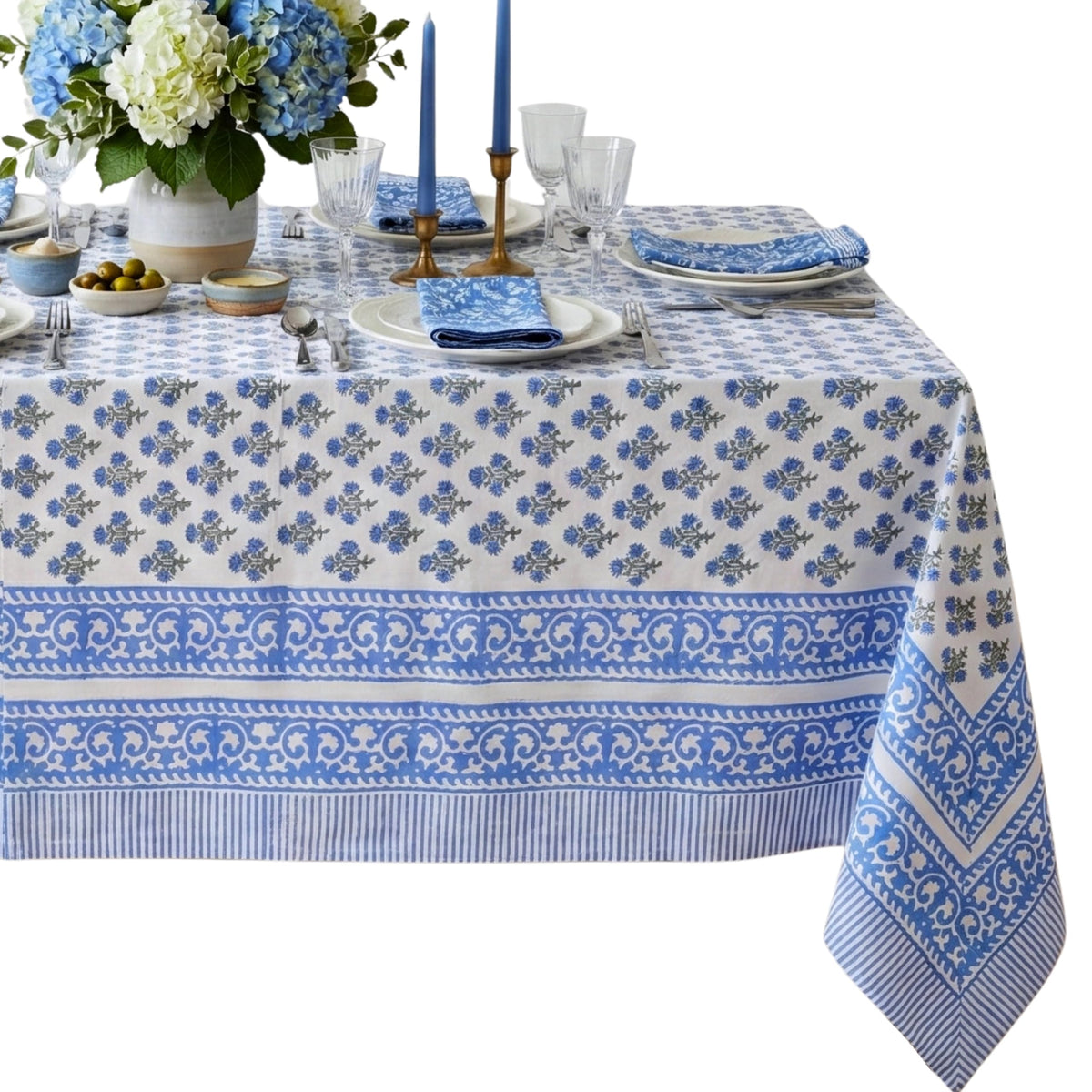 ATOSII Cotton Blockprint Rectangle Table Cloth, Clover Blue, 108" X 60"