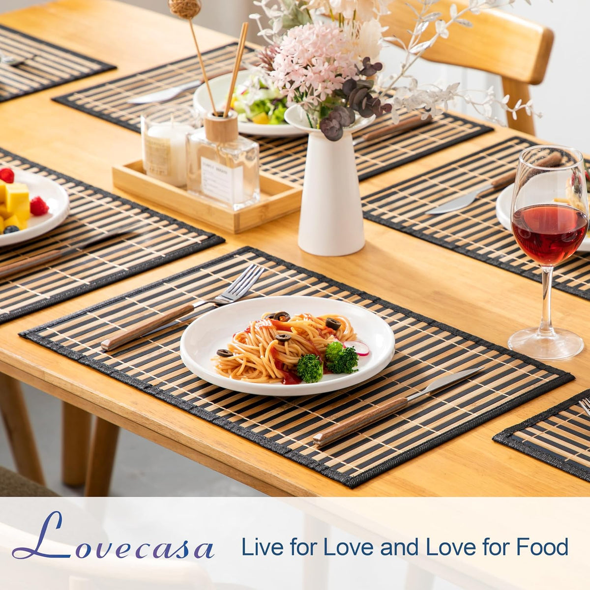 LOVECASA Placemats Set of 6, Bamboo Table Mats Set with Leaf Pattern, 18'' × 12'' Woven Placemat, Washable Heat-Resistant Place Mats for Kitchen, Black Leaf
