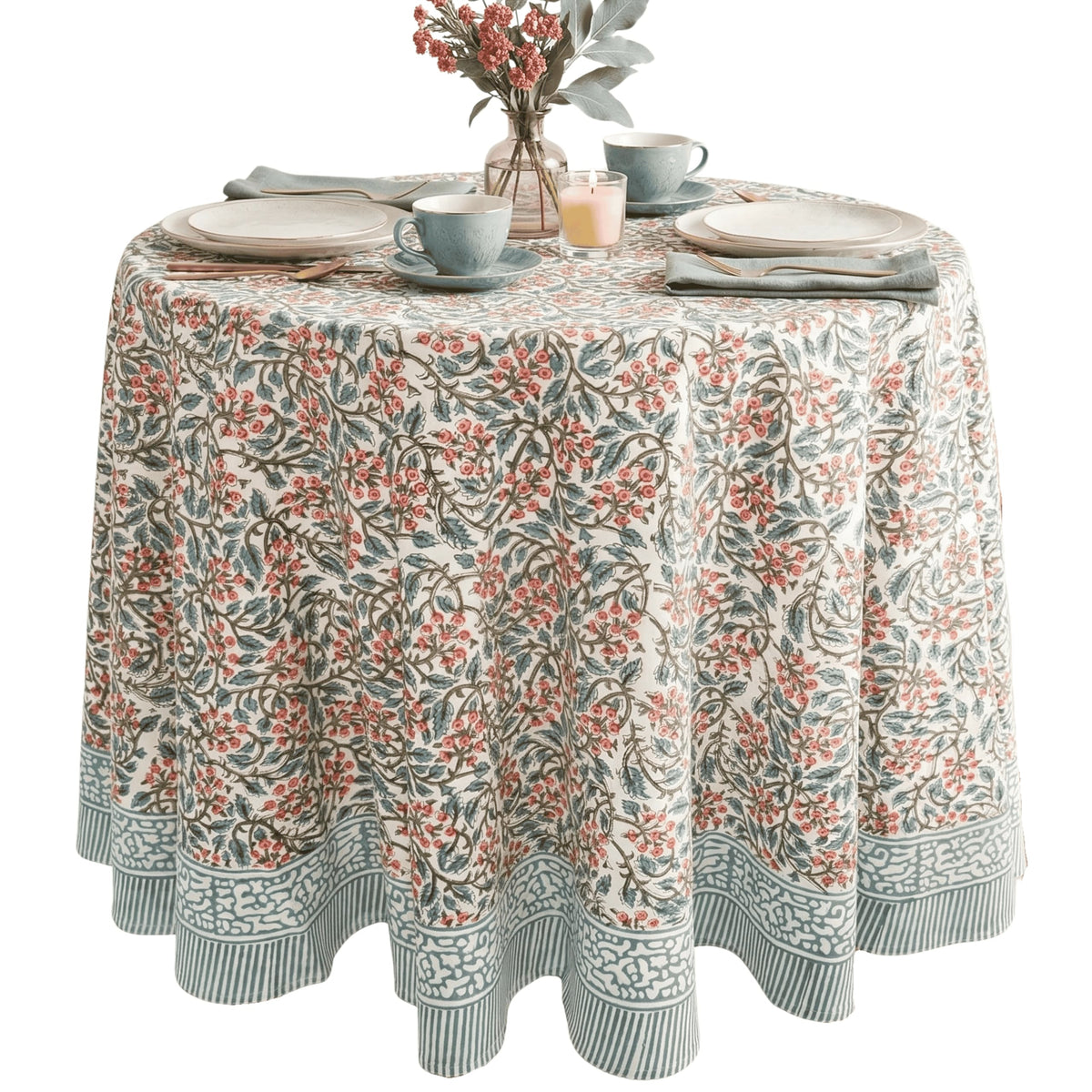 ATOSII Cotton Blockprint Rectangle Table Cloth, Clover Blue, 108" X 60"