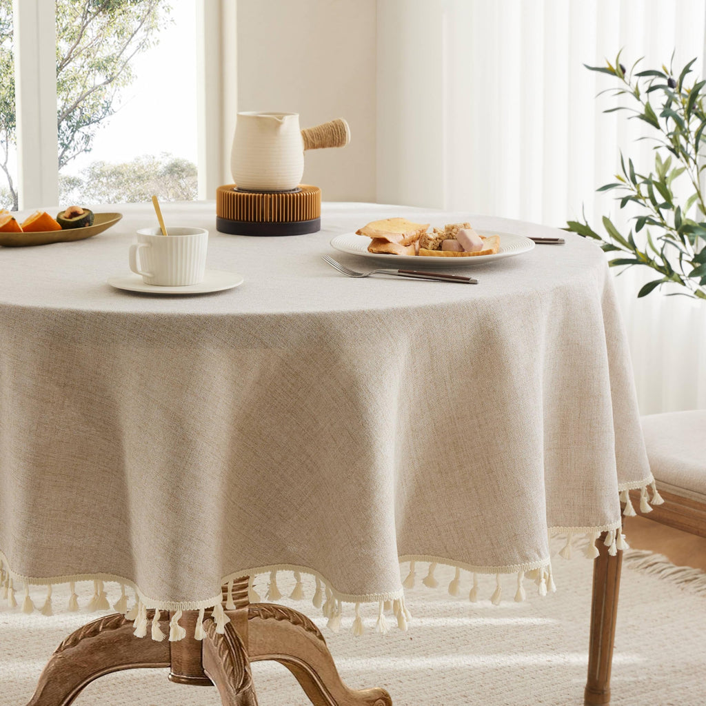 Tassel Linen Round Table Cloth, Olive 60 Inch