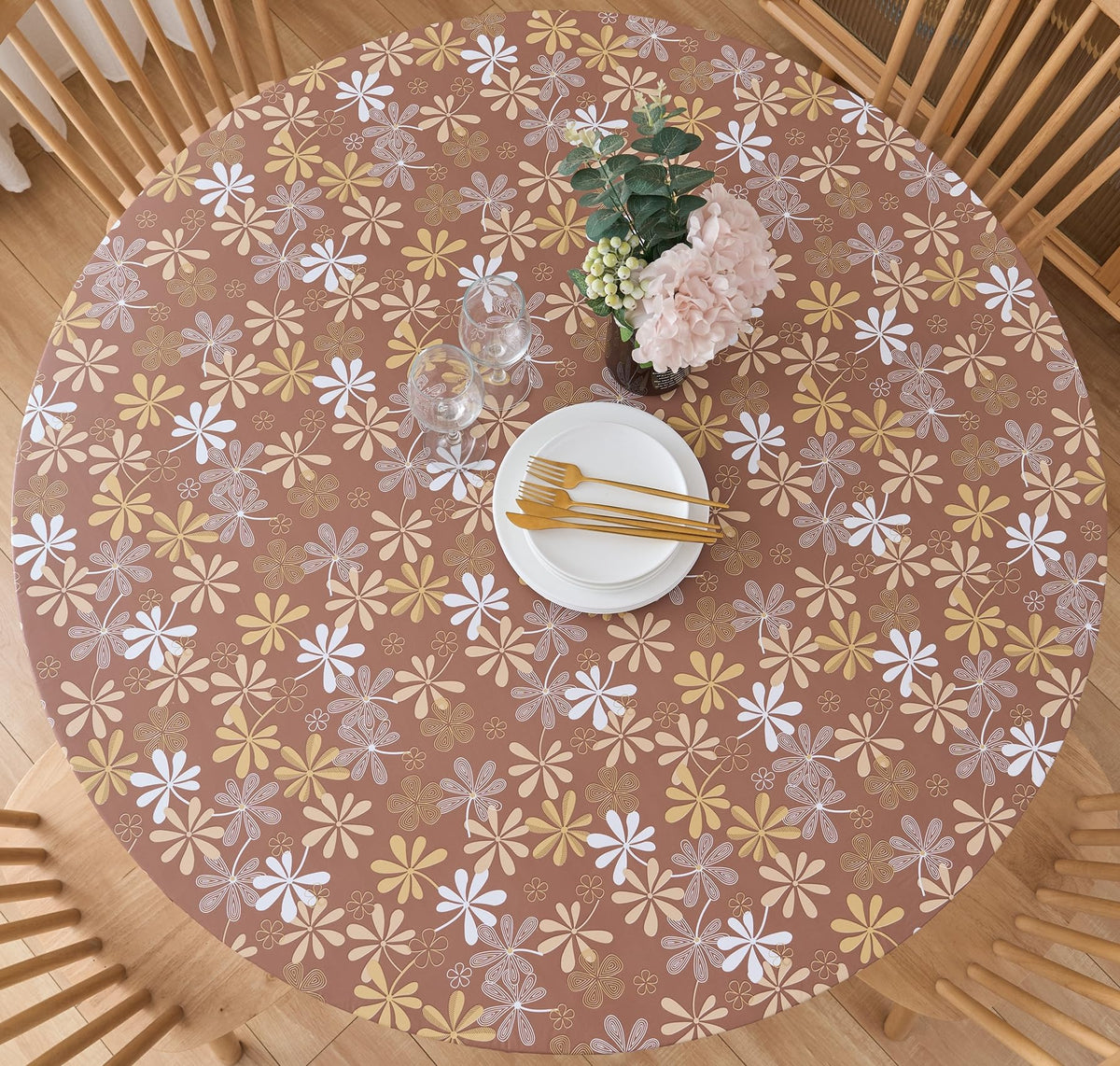 Pioggia Round Vinyl Fitted Tablecloth with Flannel Backing Elastic Table Cloth Waterproof Oil-Proof Plastic Table Cover Best for 37"-44" Round