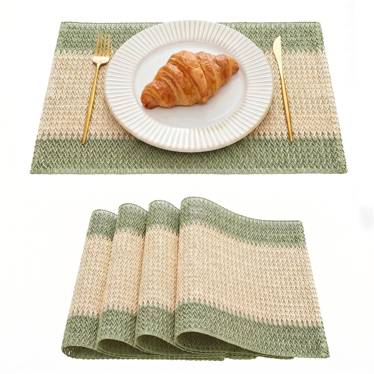 Artoid Mode Dark Green Paper Woven Stripe Placemats Set of 4-12x18 Inch