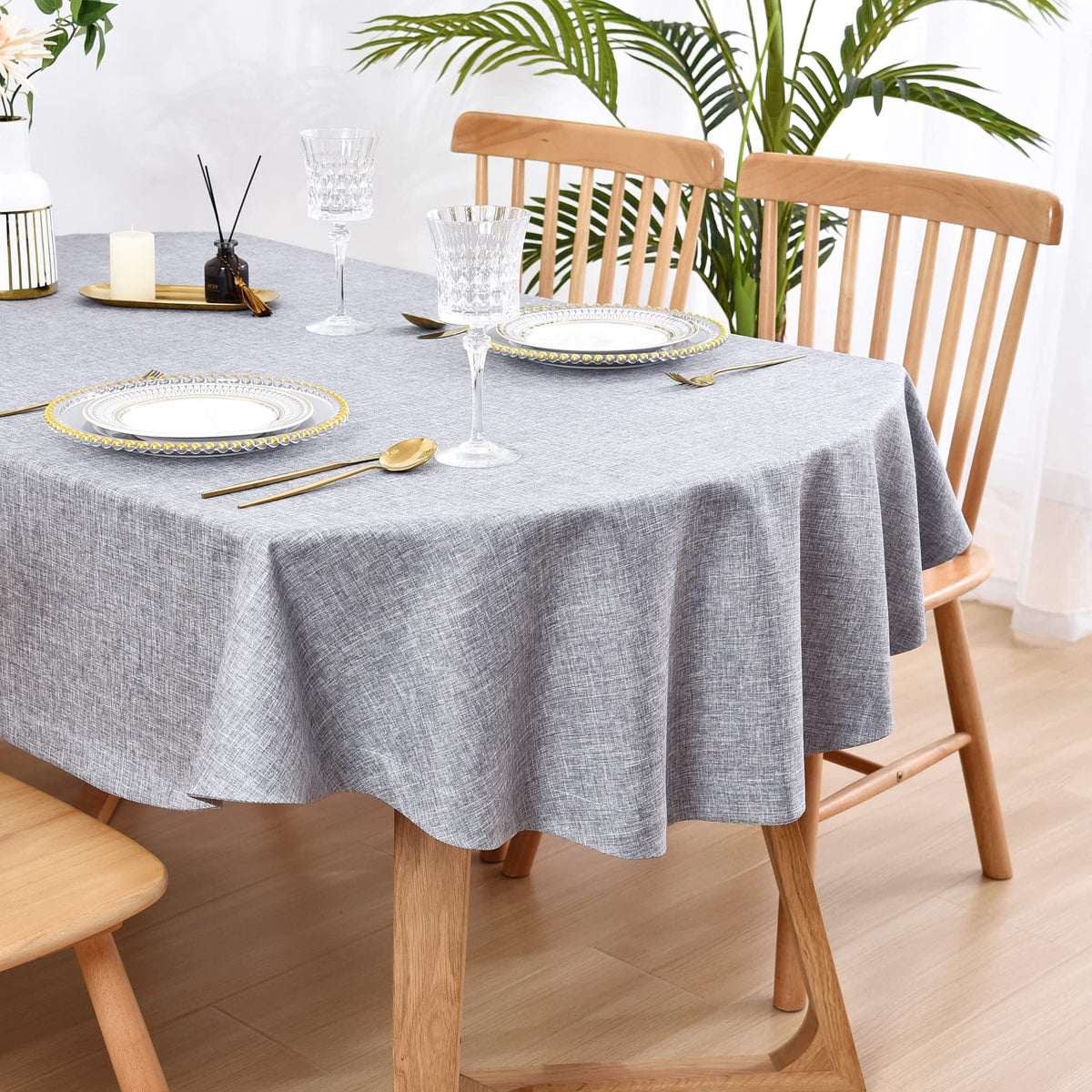 Wolkemer Faux Linen Oval Tablecloth Heavy Duty Wrinkle Resistant Fabric Table Cloths 60 x 84 Inch Flaxen Farmhouse Rustic Table Cover for Kitchen Dining Indoor Outdoor Tabletop Decoration