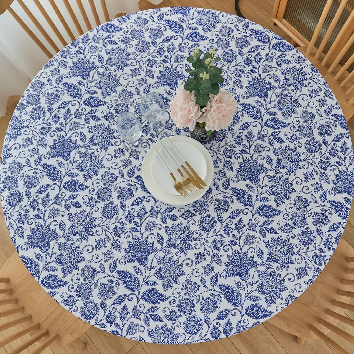 Pioggia Round Vinyl Fitted Tablecloth with Flannel Backing Elastic Table Cloth Waterproof Oil-Proof Plastic Table Cover Best for 37"-44" Round