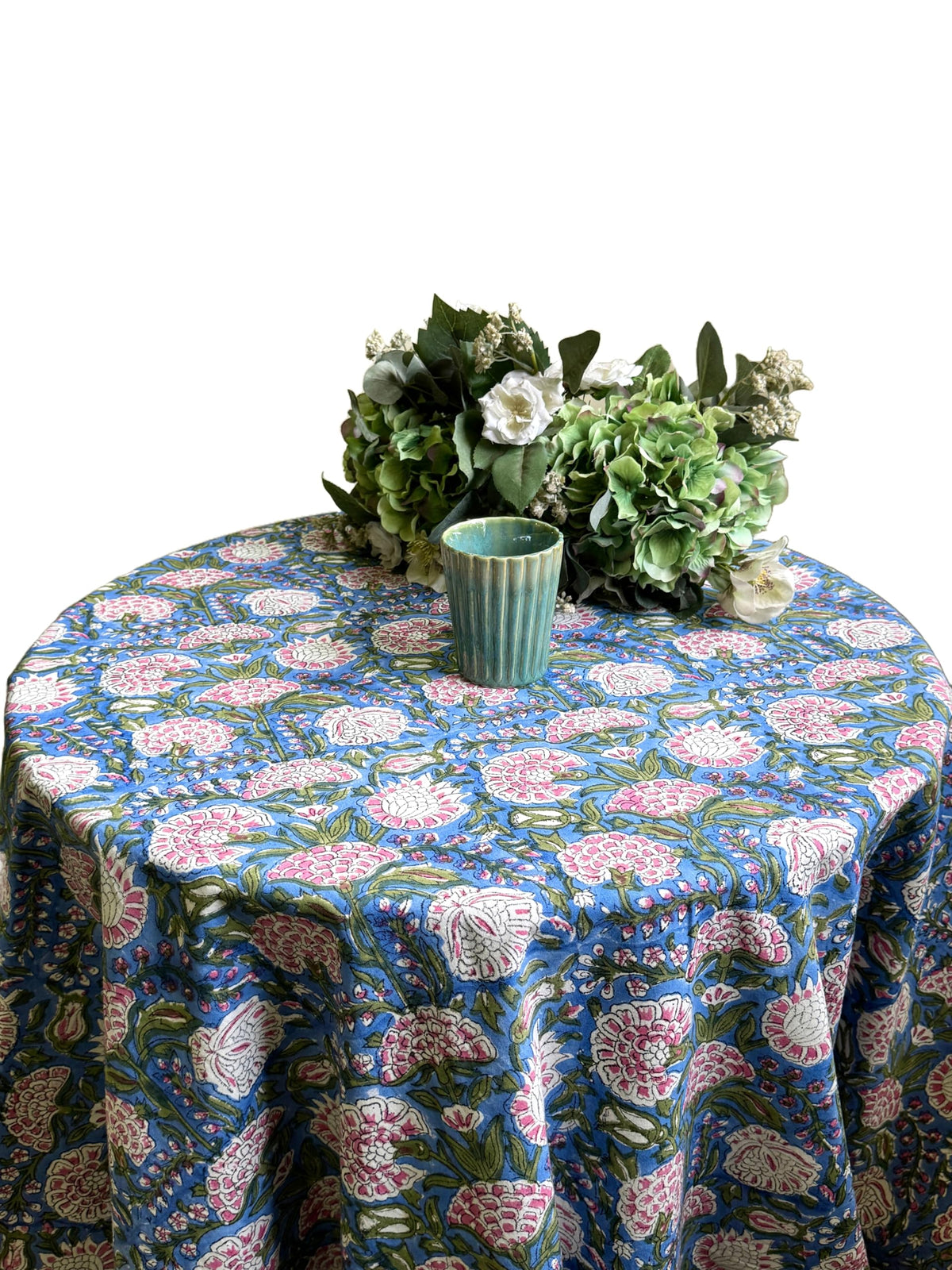 ATOSII Cotton Blockprint Rectangle Table Cloth, Clover Blue, 108" X 60"