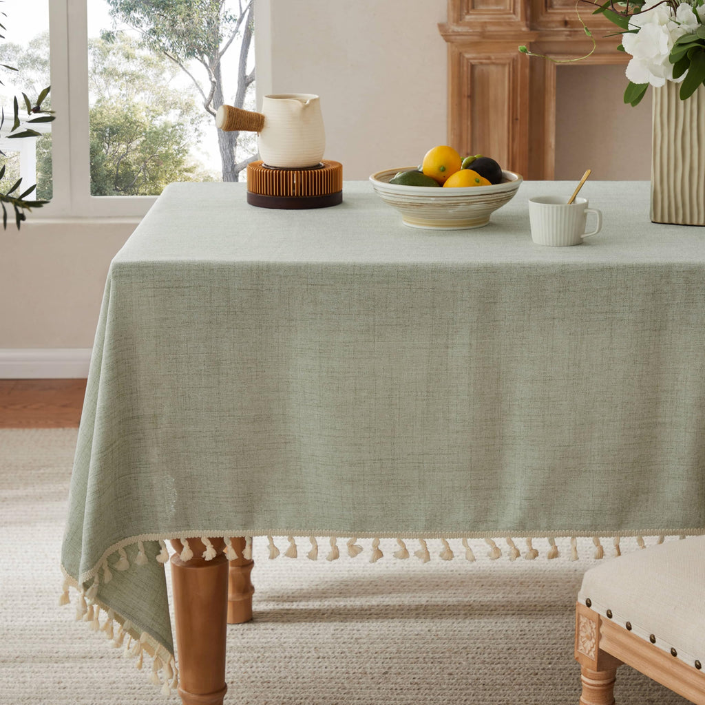 Tassel Linen Round Table Cloth, Olive 60 Inch
