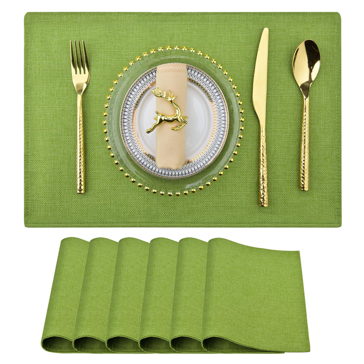 SLKQG Beige Faux Cotton Linen Placemats Set of 6, Heat Resistant Washable Double Layer Cloth Place Mats for Dining Table, Wrinkle Resistant Linen Textured Farmhouse Kitchen Decor（6，Beige）