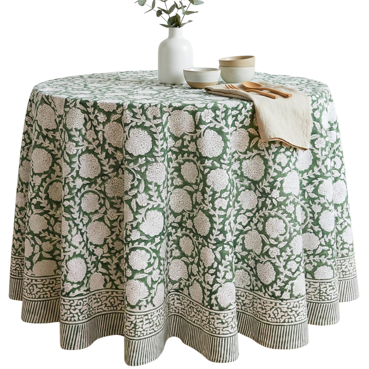 ATOSII Cotton Blockprint Rectangle Table Cloth, Clover Blue, 108" X 60"