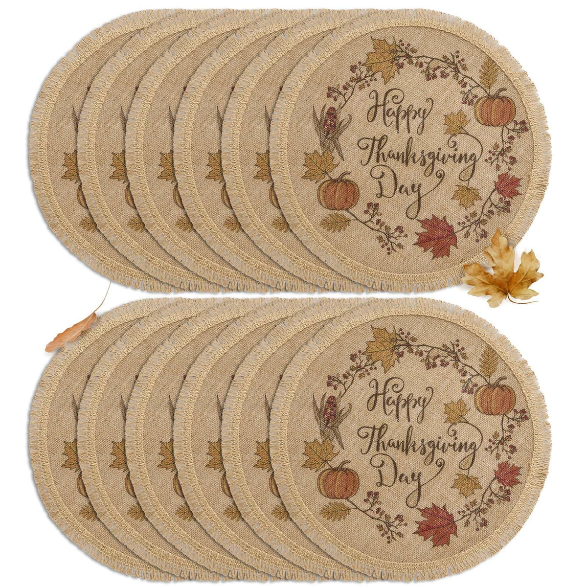 FunWheat Burlap Round Braided Placemats Set of 12 for Dining Tables 15 Inch Heat Resistant Jute Table Mats Farmhouse Woven Fabric Natural Place mats (Brown Jute Lace)