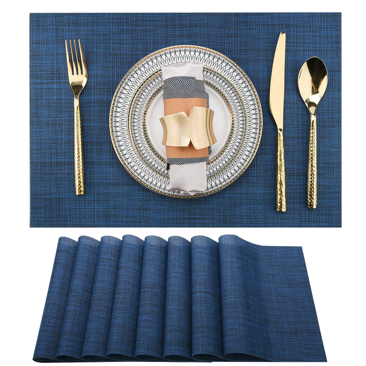SLKQG Navy Blue Placemats Set of 6 - Easy Clean Washable Vinyl Placemats - Wipeable Heat Resistant Table Mats for Dining Table - 17x12 Inch (Navy Blue, 6)