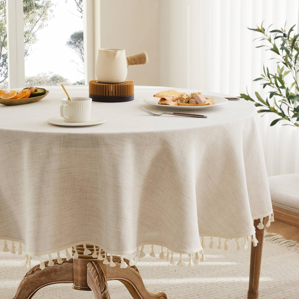 Tassel Linen Round Table Cloth, Olive 60 Inch