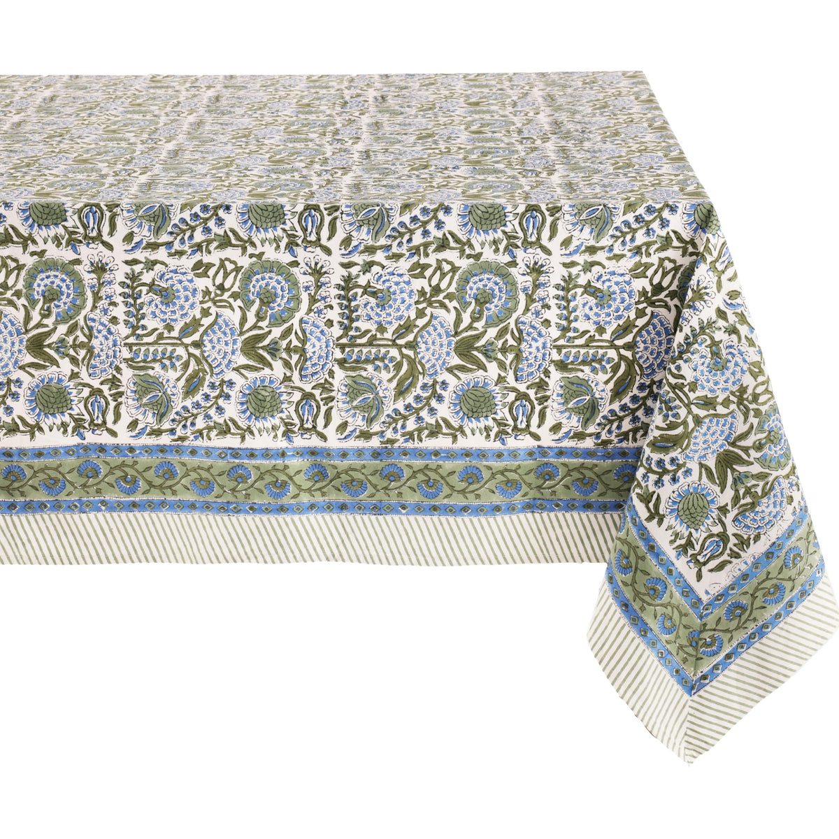 ATOSII Cotton Blockprint Rectangle Table Cloth, Clover Blue, 108" X 60"