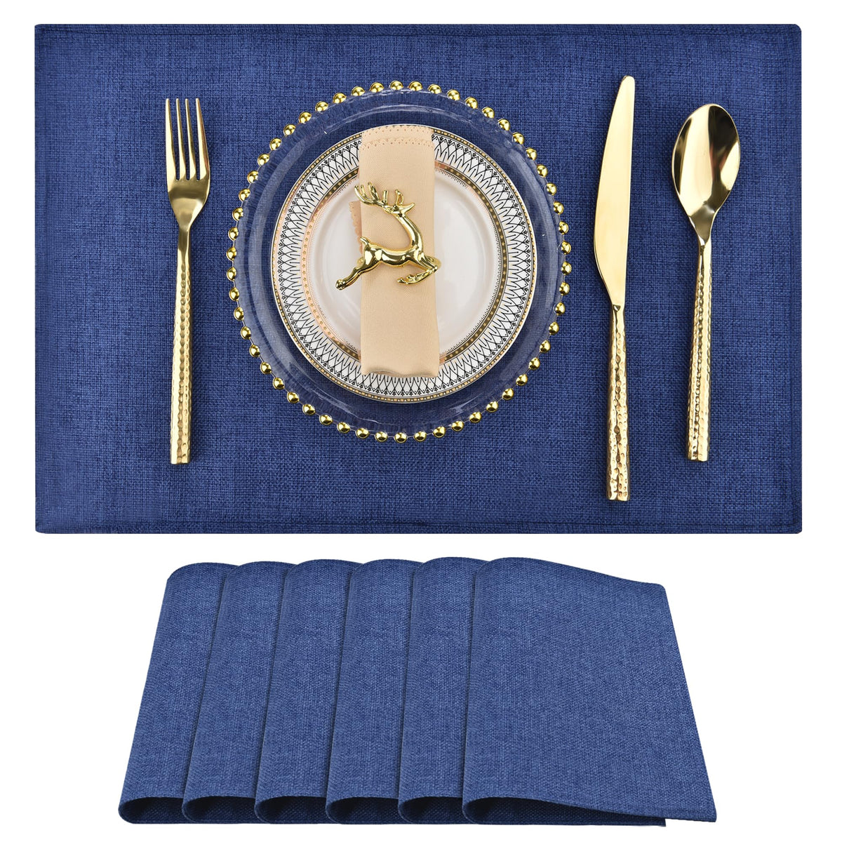 SLKQG Beige Faux Cotton Linen Placemats Set of 6, Heat Resistant Washable Double Layer Cloth Place Mats for Dining Table, Wrinkle Resistant Linen Textured Farmhouse Kitchen Decor（6，Beige）