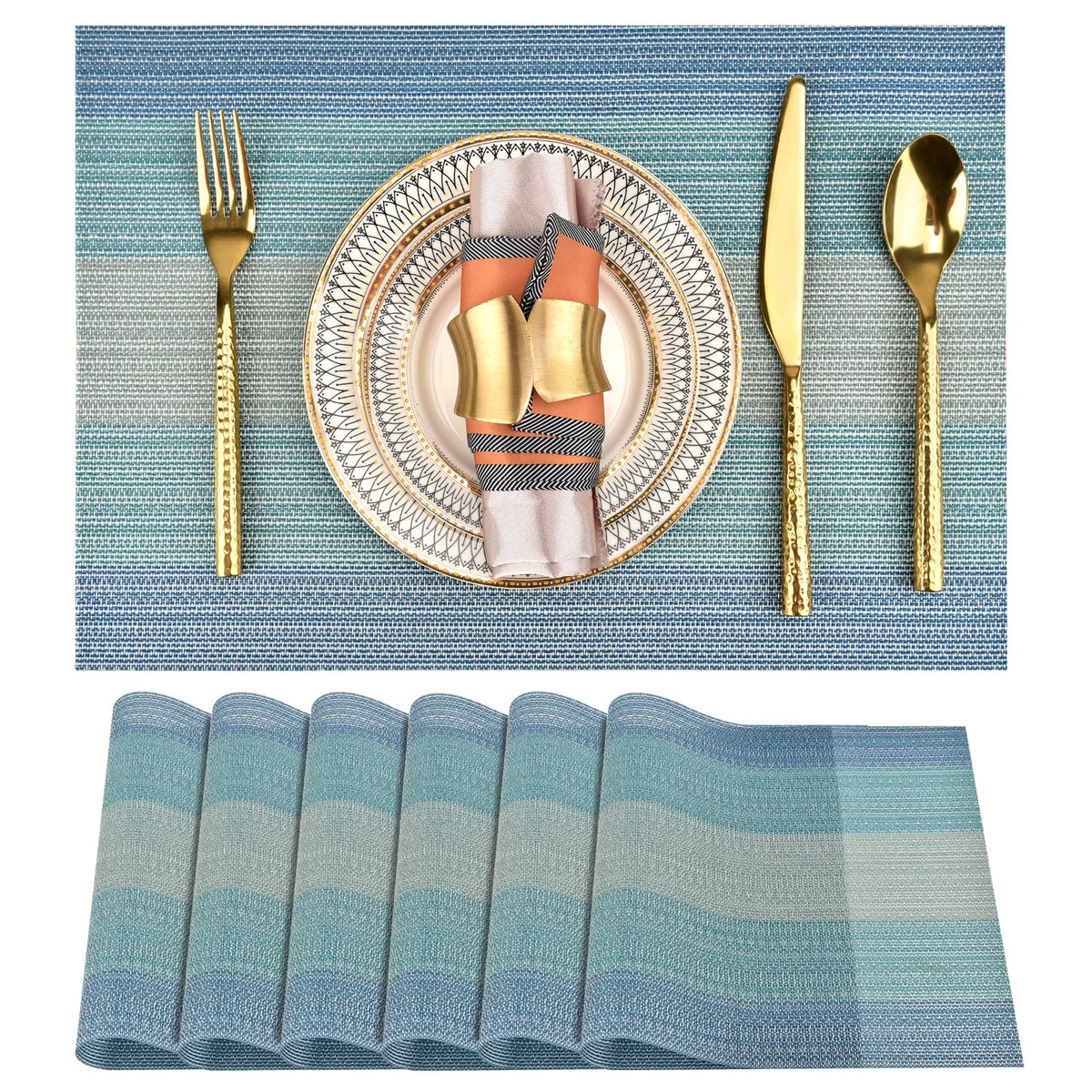 SLKQG Navy Blue Placemats Set of 6 - Easy Clean Washable Vinyl Placemats - Wipeable Heat Resistant Table Mats for Dining Table - 17x12 Inch (Navy Blue, 6)