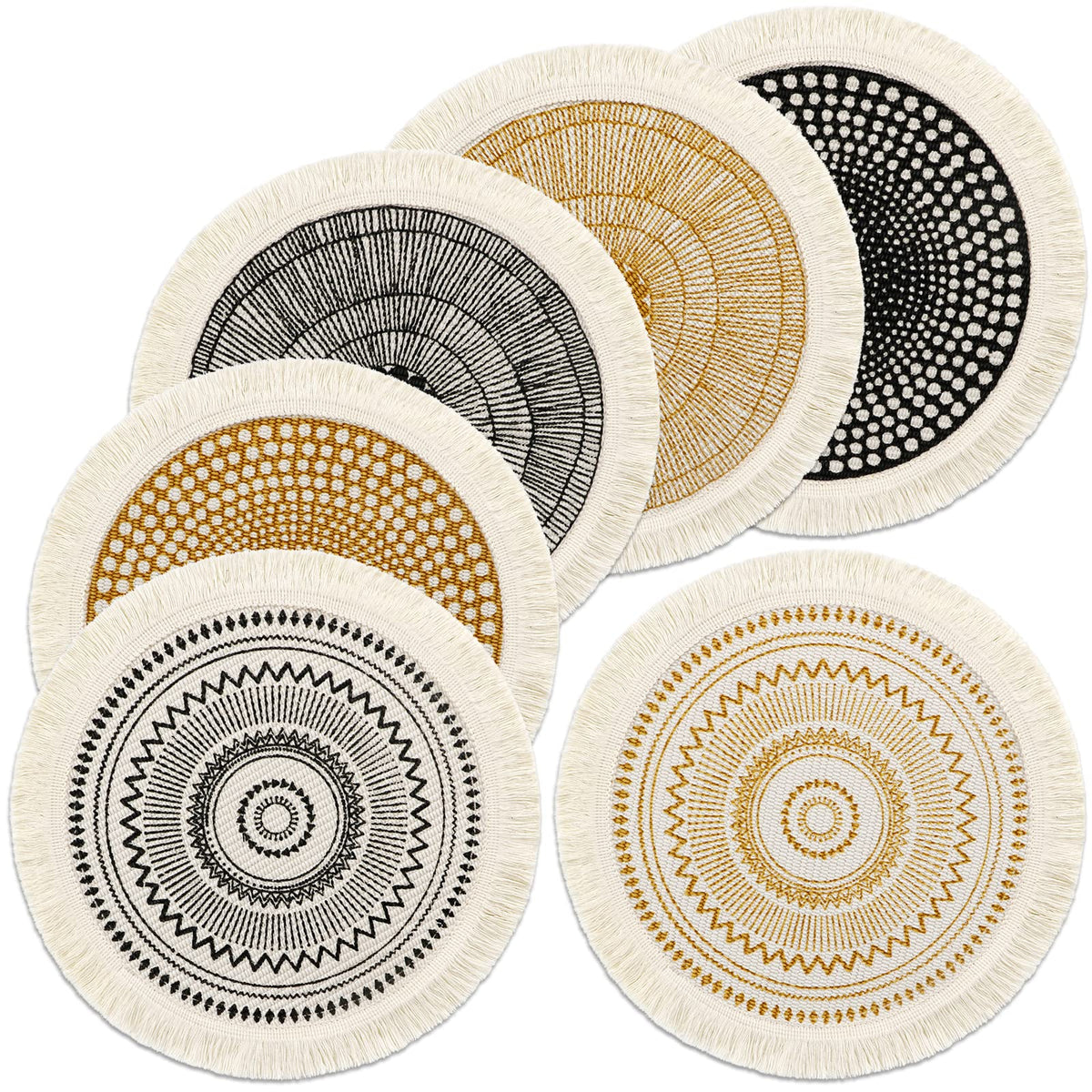Set of 4 Round Placemats 13 Inch Cotton Woven Mandala Tassels Table Mats