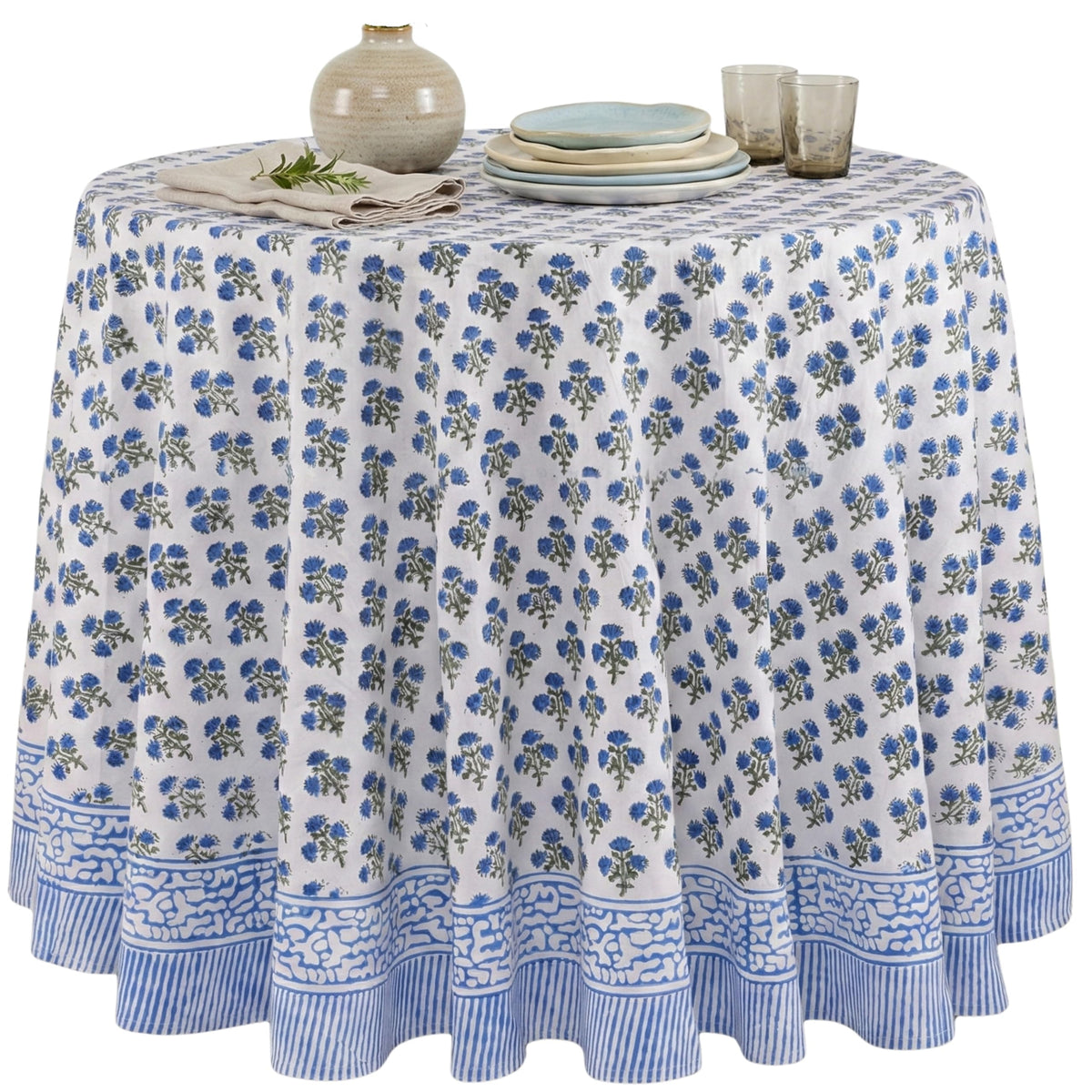 ATOSII Cotton Blockprint Rectangle Table Cloth, Clover Blue, 108" X 60"