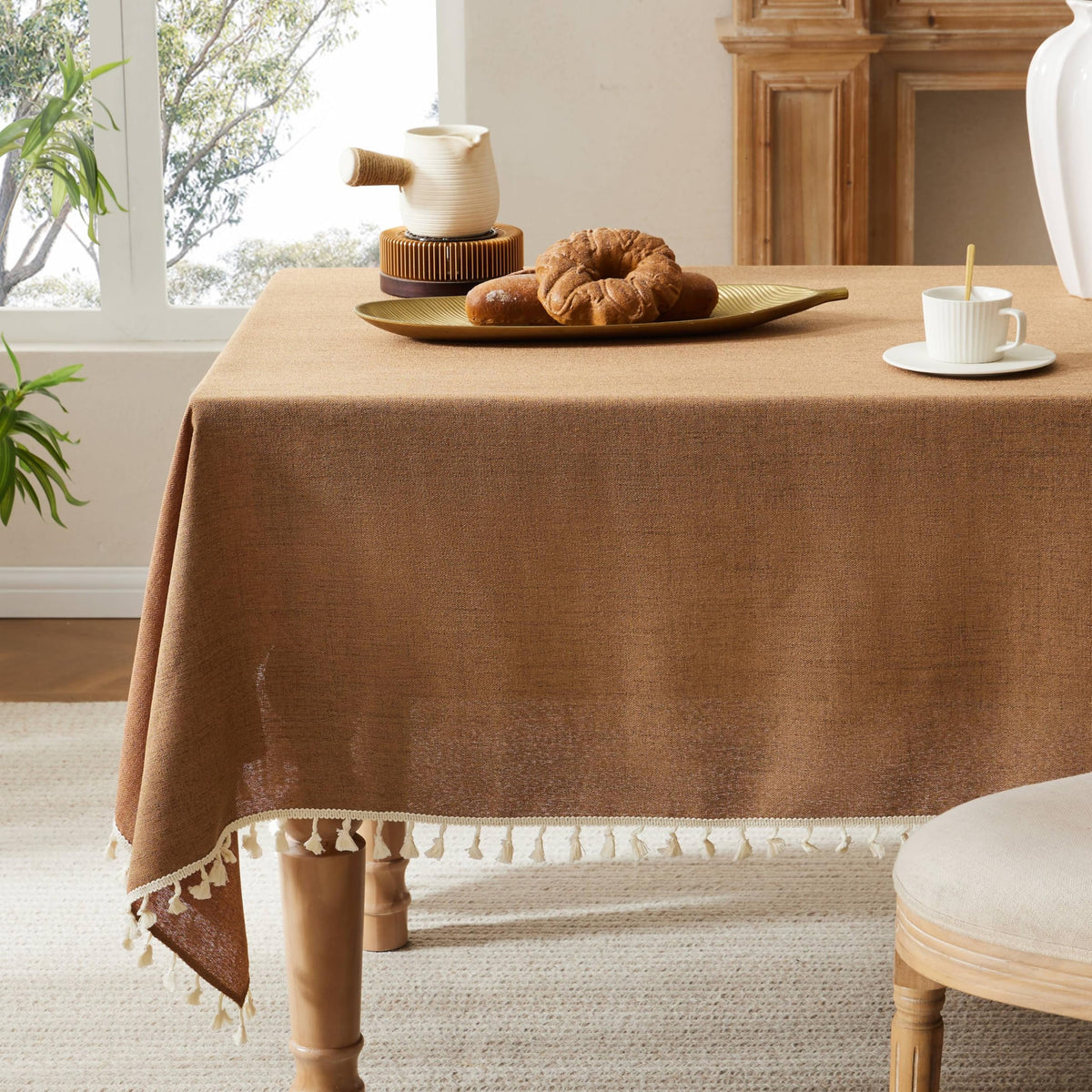 Tassel Linen Round Table Cloth, Olive 60 Inch
