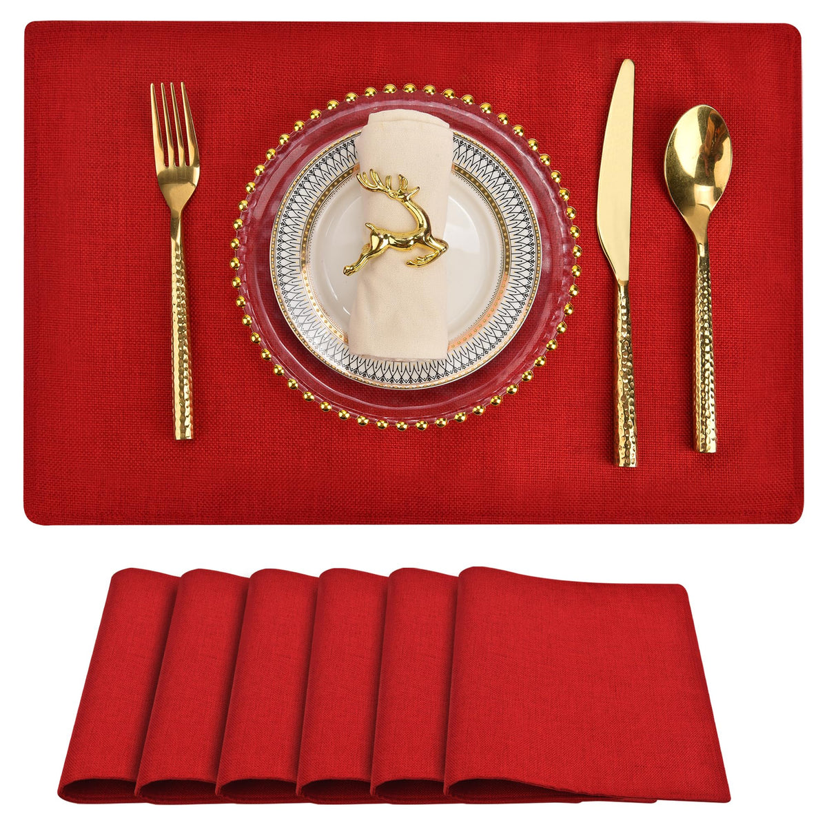 SLKQG Beige Faux Cotton Linen Placemats Set of 6, Heat Resistant Washable Double Layer Cloth Place Mats for Dining Table, Wrinkle Resistant Linen Textured Farmhouse Kitchen Decor（6，Beige）