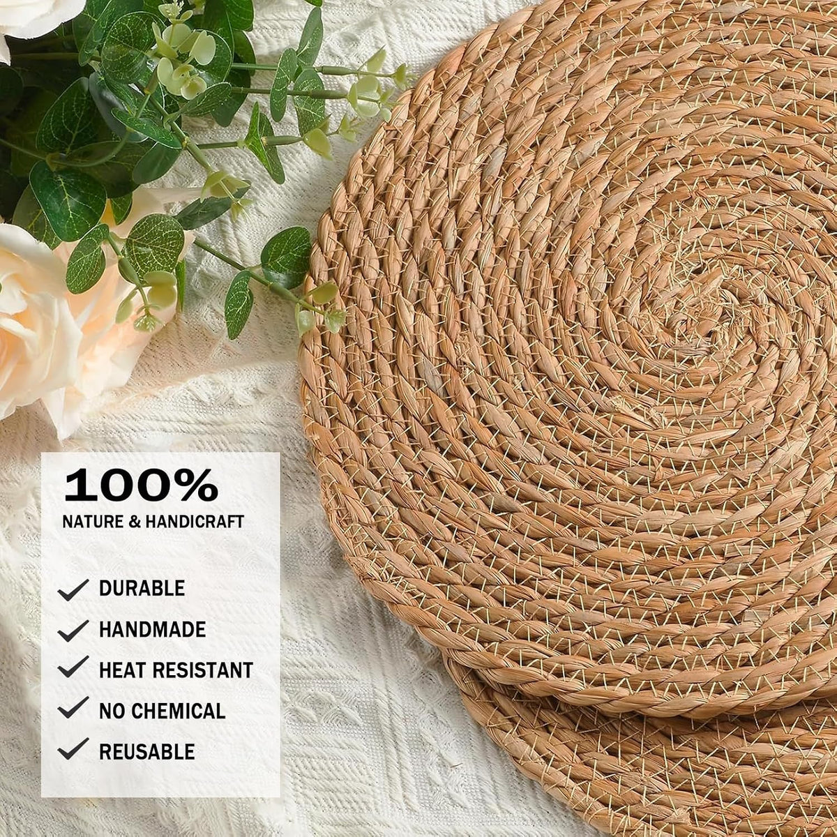 Handmade Heat Resistant 13" Round Woven Placemats Set of 8, Wicker Boho No Chemical Natural Water Hyacinth Place Mats, Farmhouse Table Mats for Kitchen Dining Table,Home Decorations,Wedding