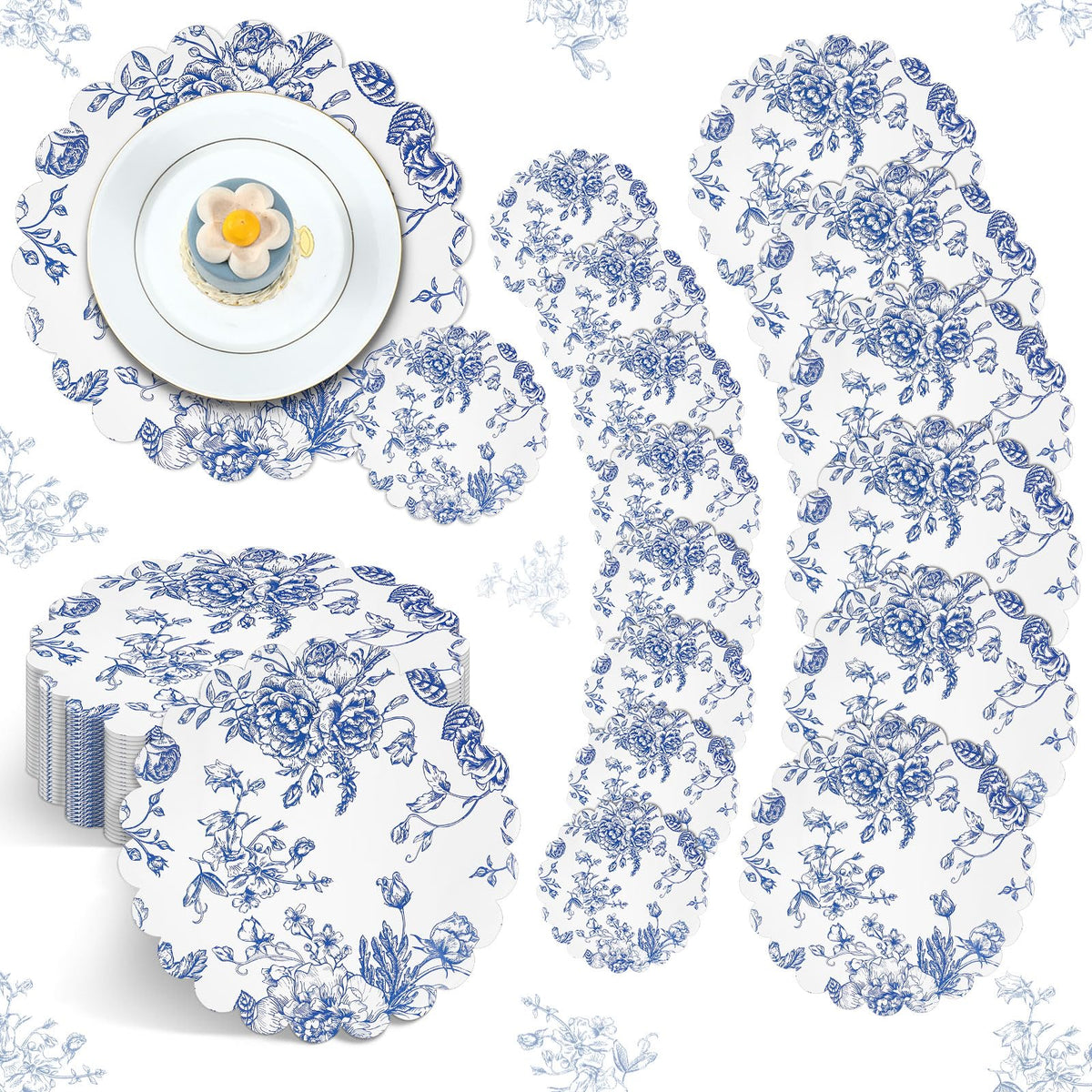 100 Pcs Vintage Blue Floral Paper Placemats Coaster Scalloped Edge