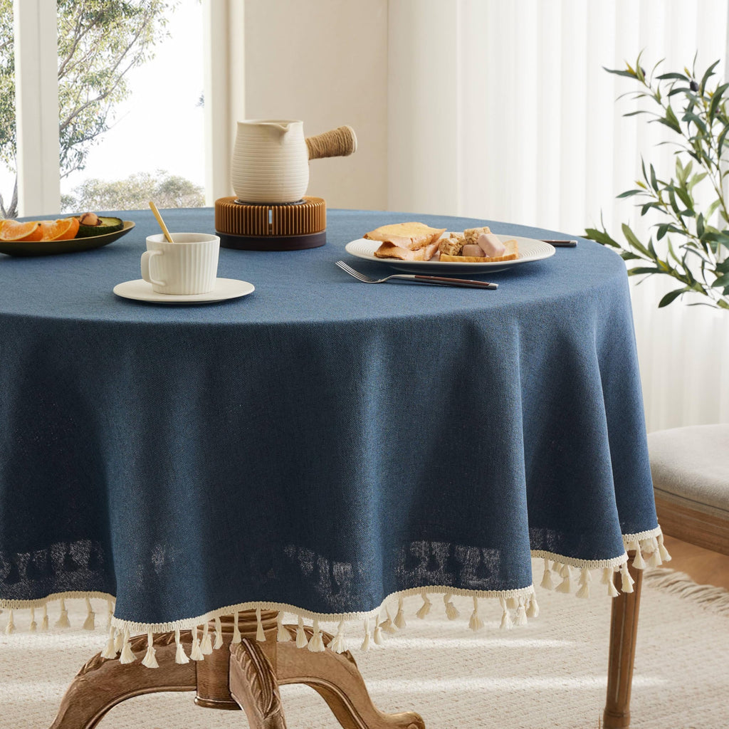 Tassel Linen Round Table Cloth, Olive 60 Inch
