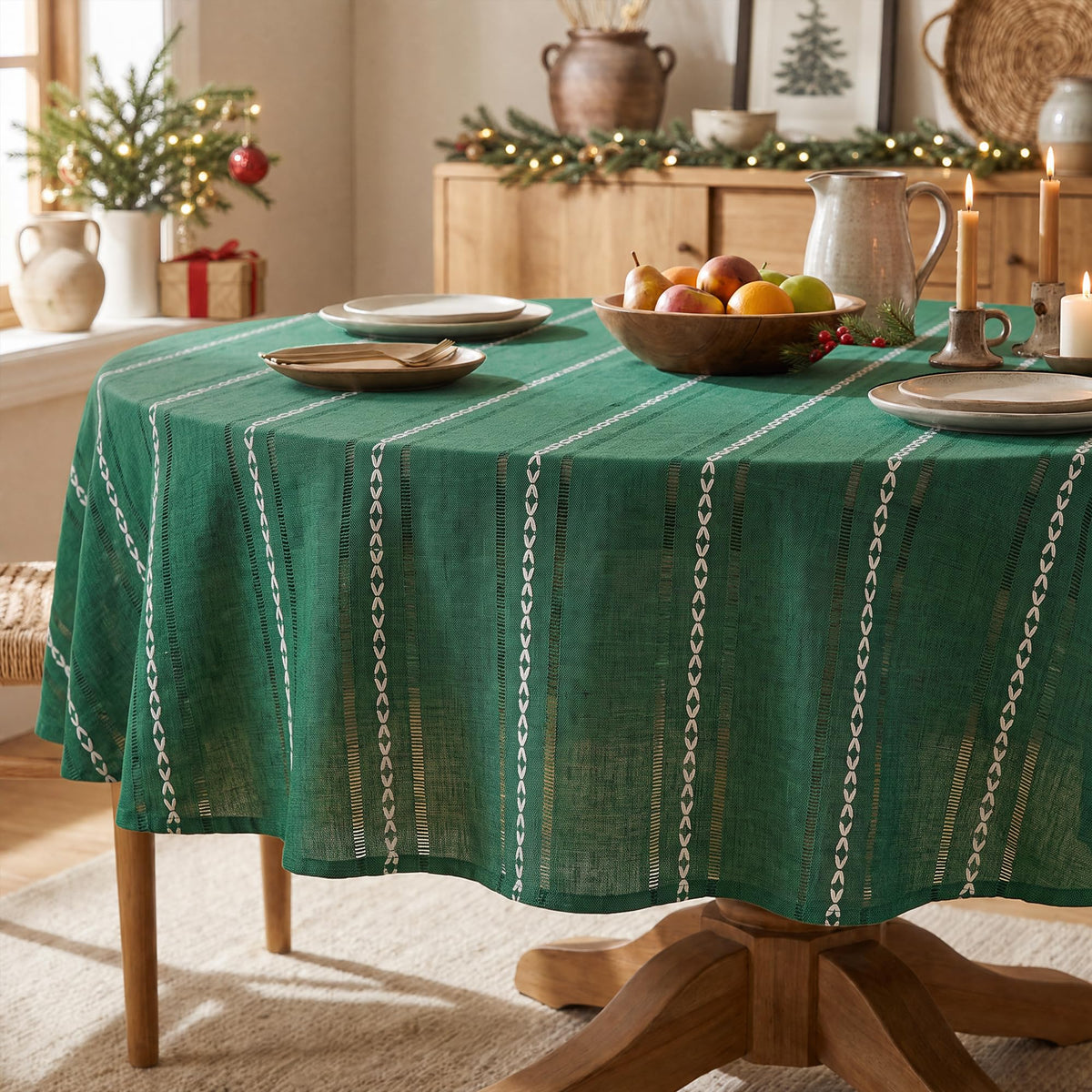 Horaldaily Light Coffee Round Tablecloth, 60×60 Inch, Farmhouse Style