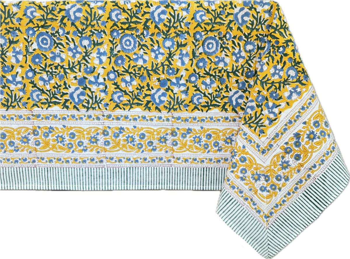 ATOSII Cotton Blockprint Rectangle Table Cloth, Clover Blue, 108" X 60"