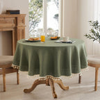 Tassel Linen Round Table Cloth, Olive 60 Inch
