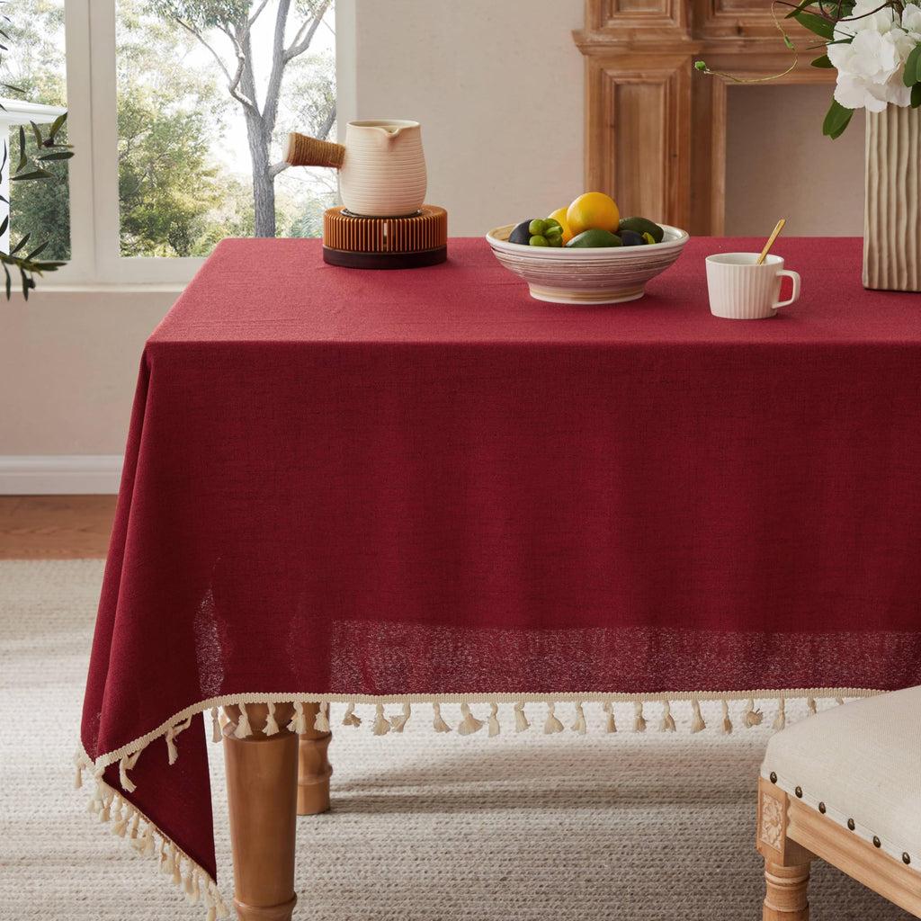 Tassel Linen Round Table Cloth, Olive 60 Inch