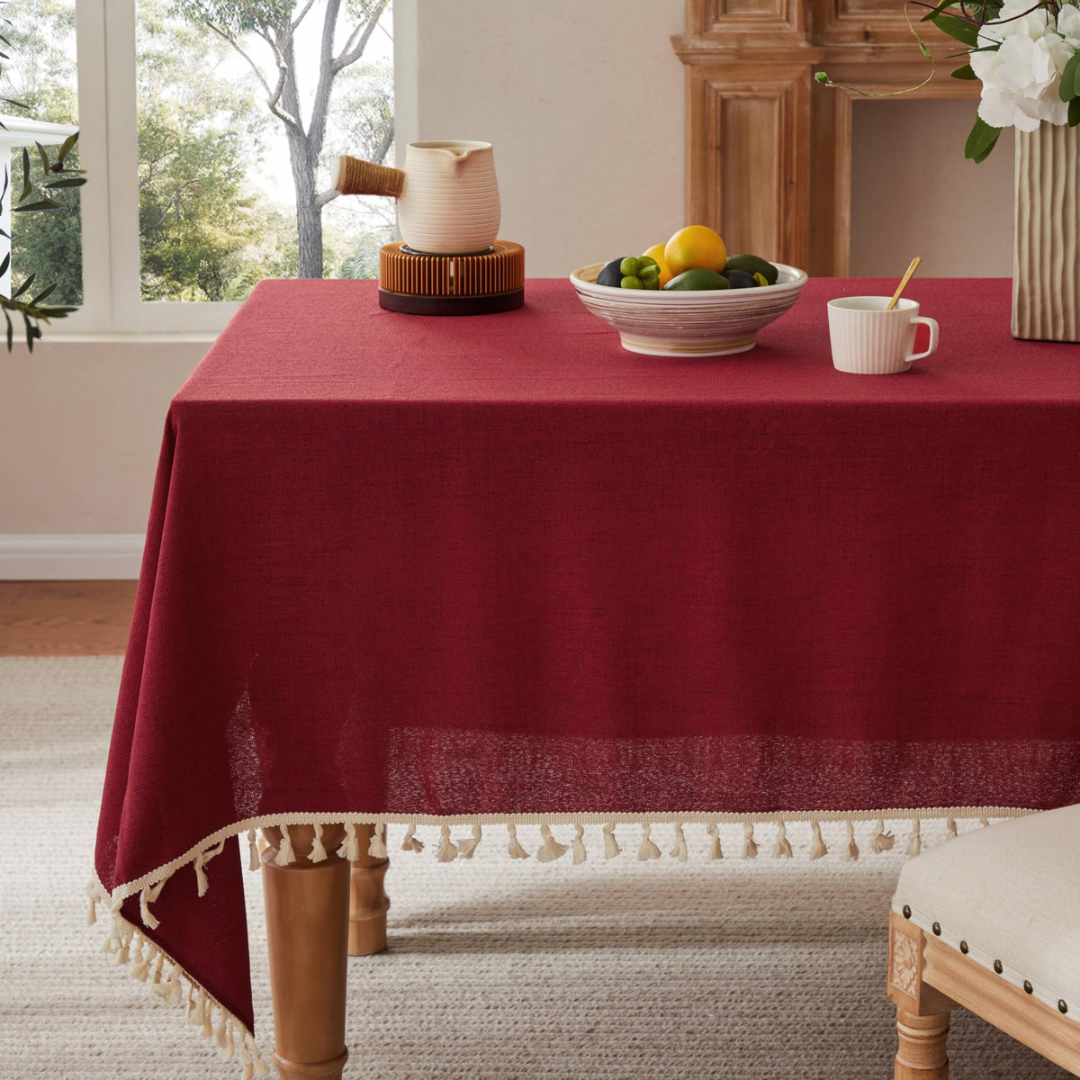 Tassel Linen Round Table Cloth, Olive 60 Inch